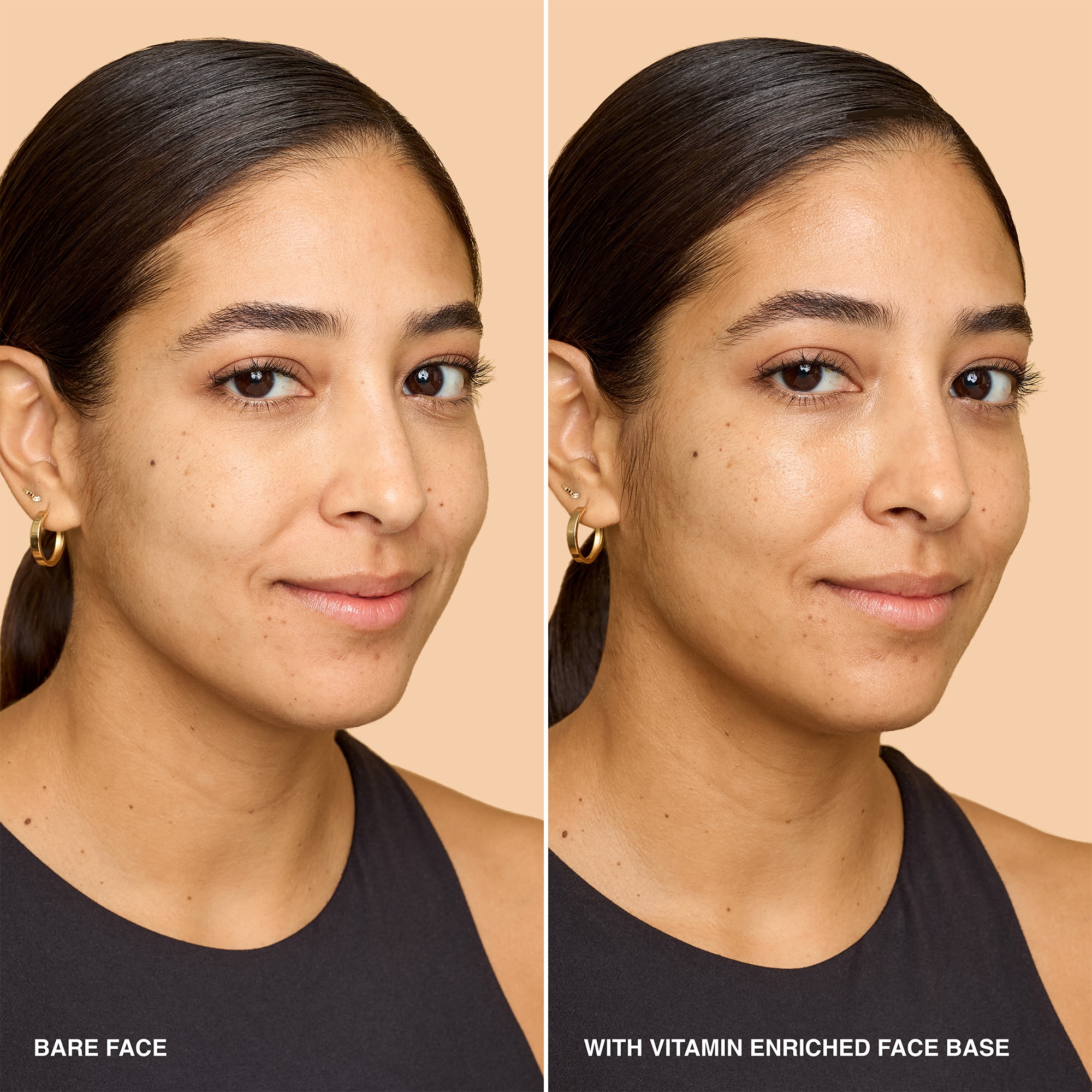 before and after of model with bare face vs bare face with bobbi brown vitamin enriched face base